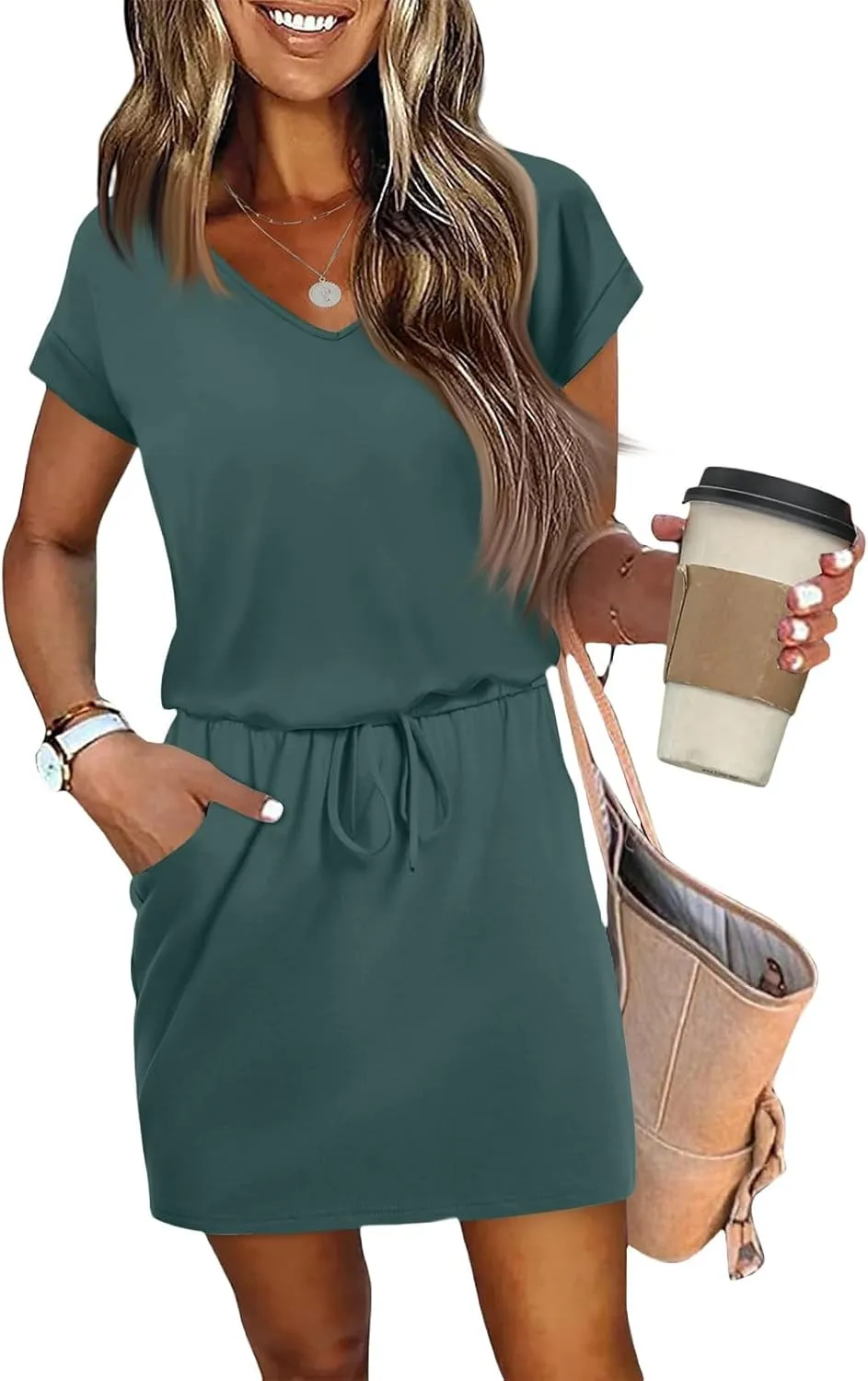 BAXLIMEK Mini Dresses for Women Summer Casual Loose V Neck Short Sleeve T Shirt Dress,Comfy Drawstring Striped Beach Dress