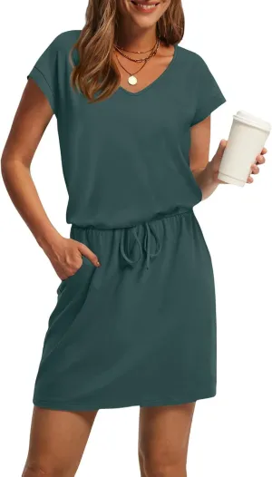 BAXLIMEK Mini Dresses for Women Summer Casual Loose V Neck Short Sleeve T Shirt Dress,Comfy Drawstring Striped Beach Dress