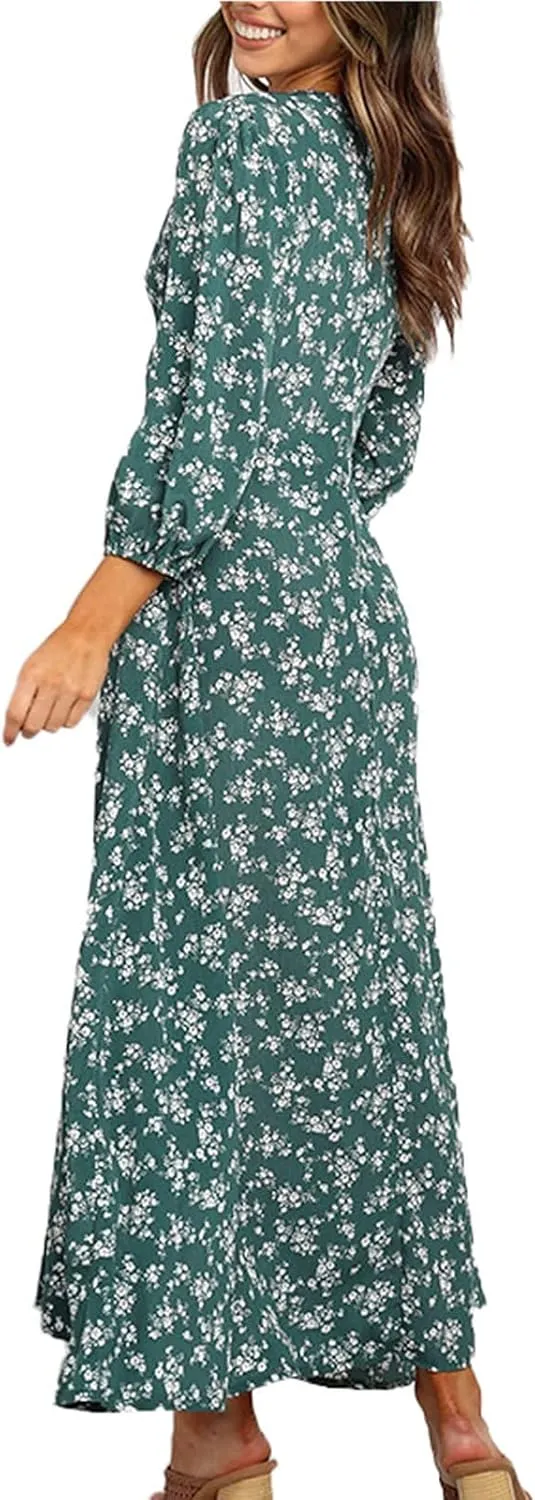 Beach Dresses for Women,2025 Summer Trendy Elegant V Neck Floral Boho Dress,Flowy Ruched Hawaiian Maxi Dress