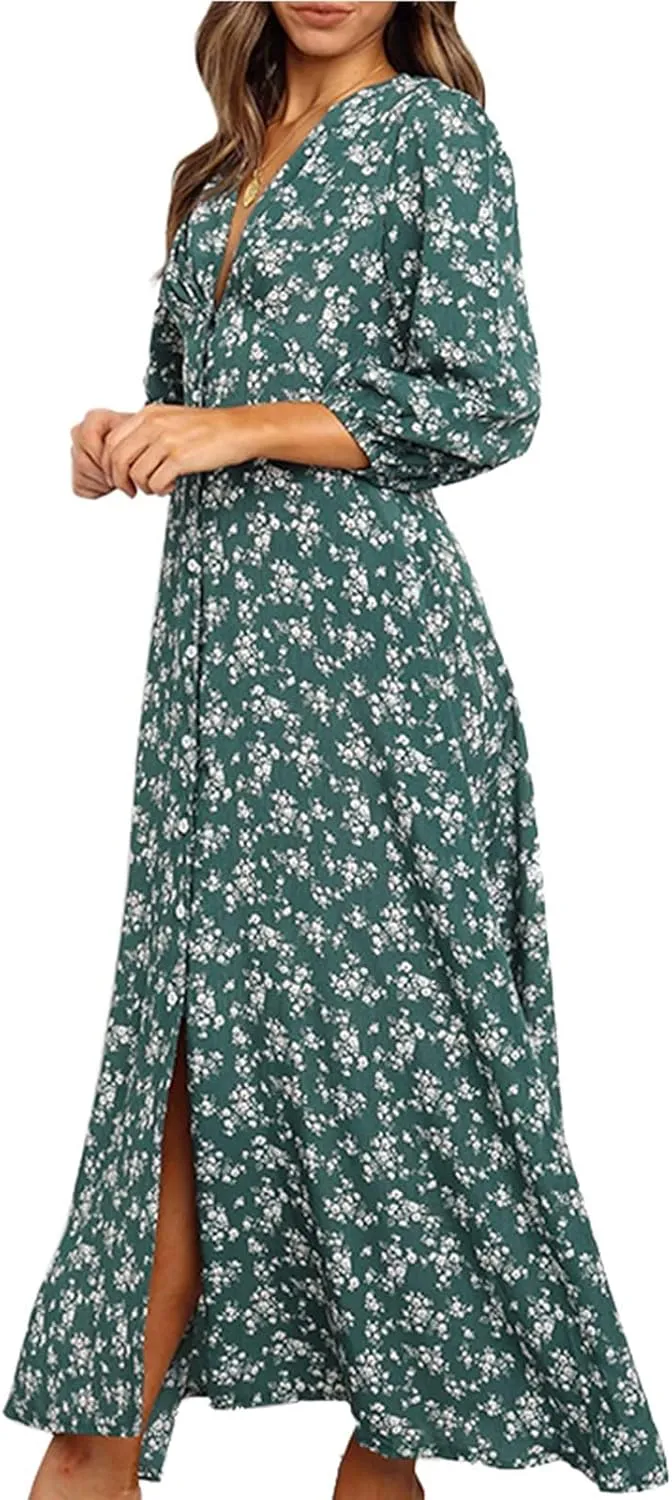 Beach Dresses for Women,2025 Summer Trendy Elegant V Neck Floral Boho Dress,Flowy Ruched Hawaiian Maxi Dress