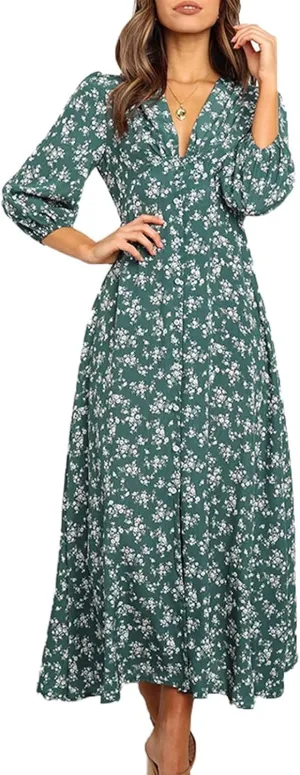 Beach Dresses for Women,2025 Summer Trendy Elegant V Neck Floral Boho Dress,Flowy Ruched Hawaiian Maxi Dress