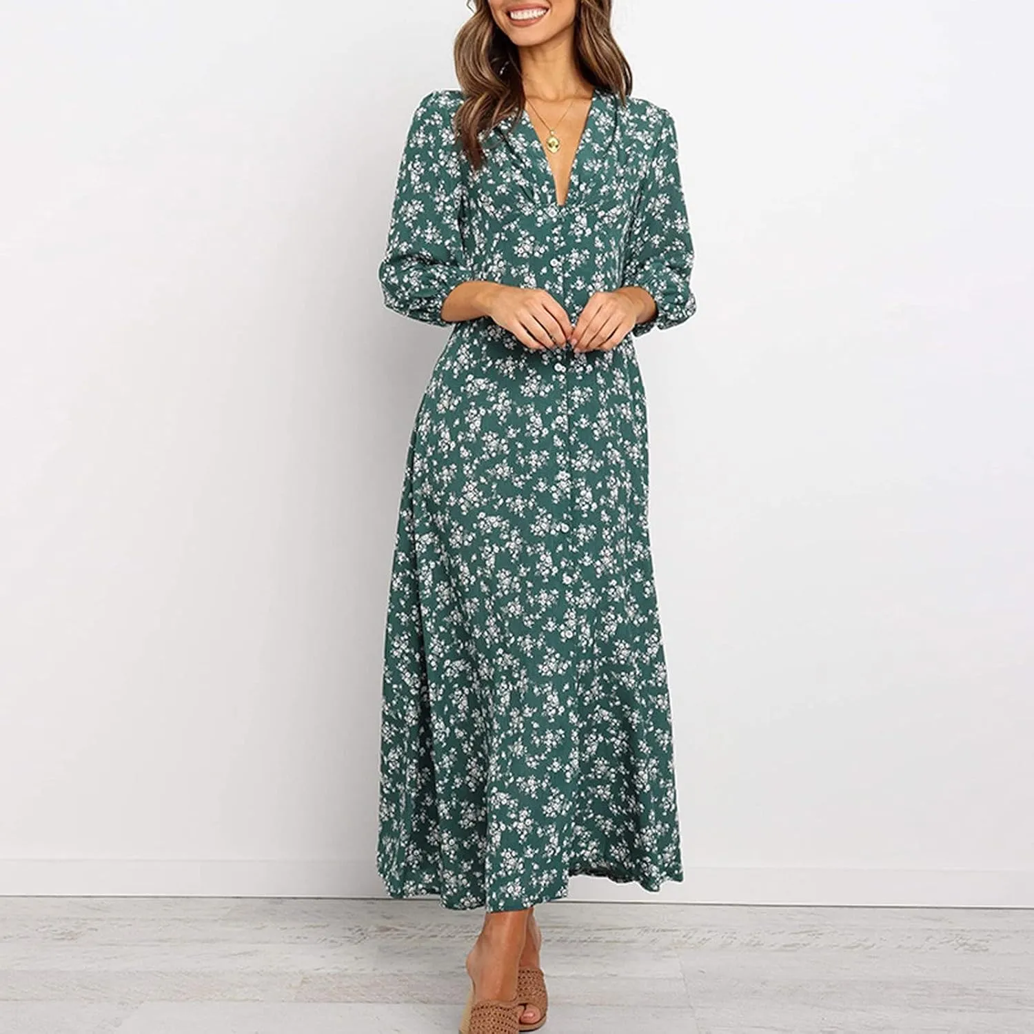 Beach Dresses for Women,2025 Summer Trendy Elegant V Neck Floral Boho Dress,Flowy Ruched Hawaiian Maxi Dress