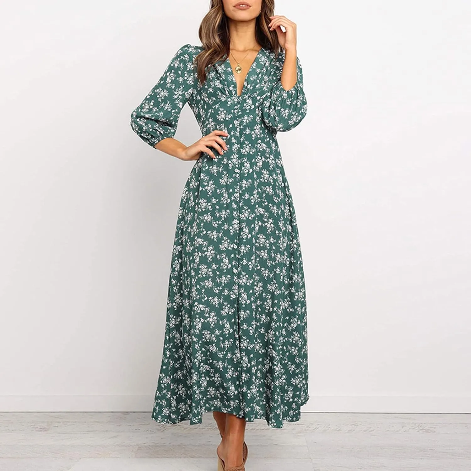 Beach Dresses for Women,2025 Summer Trendy Elegant V Neck Floral Boho Dress,Flowy Ruched Hawaiian Maxi Dress