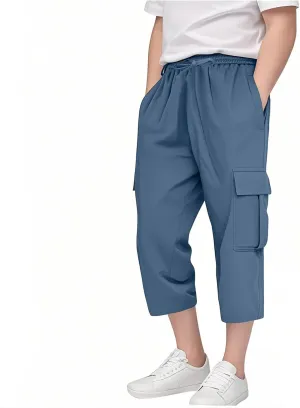 Boys Baggy Cargo Pants Straight Wide Leg Trousers High Elastic Waist Cargo Solid Color Casual Sport Joggers Clothes