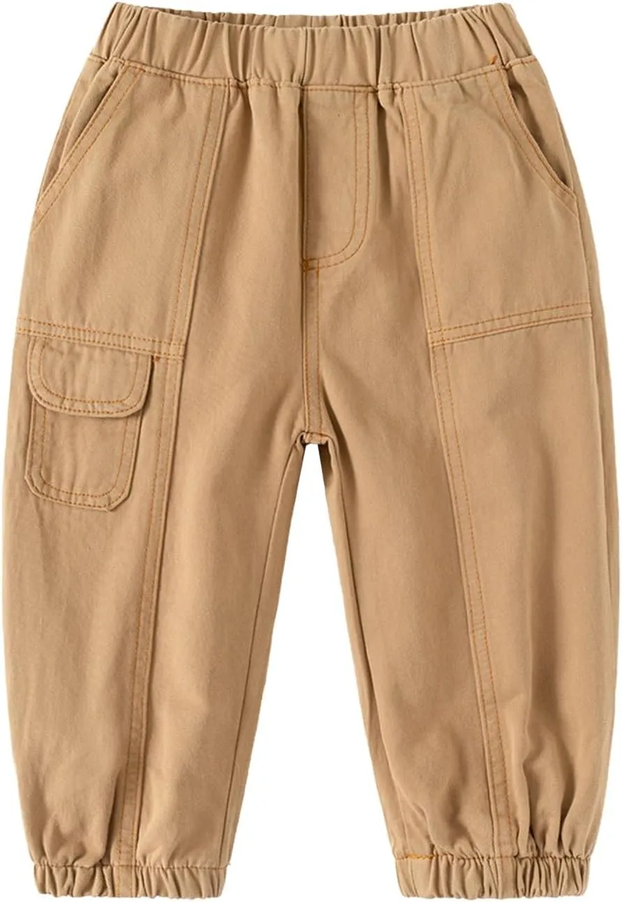 Boys Wide Leg Cargo Baggy Pants Pull On Elastic Waist Twill Baggy Joggers Casual Loose Hiking Sport Thick Pants