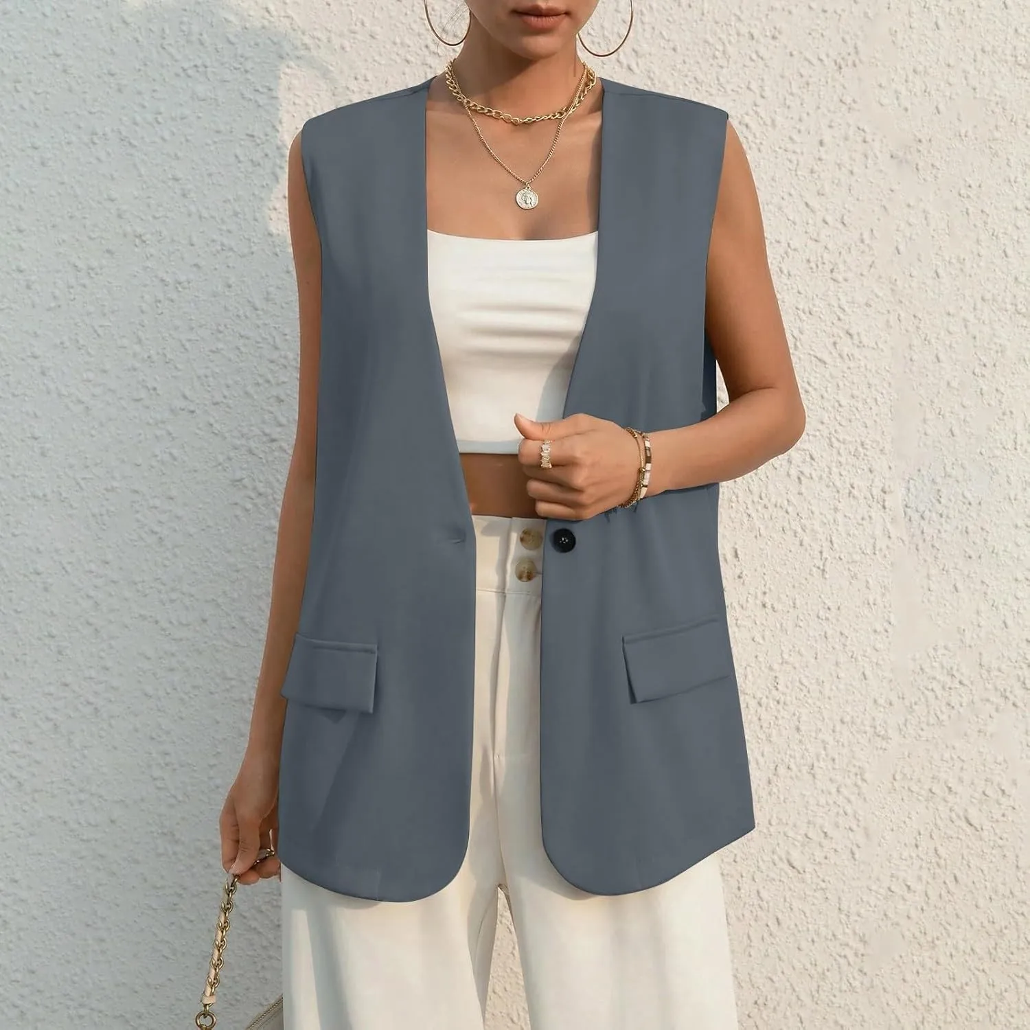 Button Suit Vest Women 2024 Collarless Sleeveless Blazer Jackets Loose Fashion Casual Open Front Vest Pockets