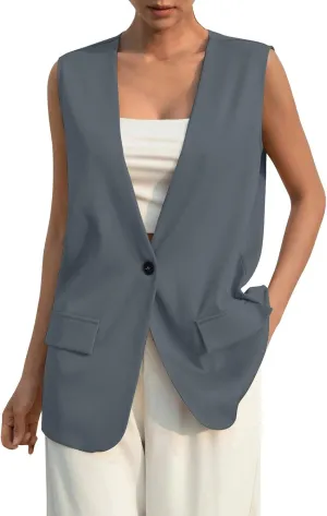 Button Suit Vest Women 2024 Collarless Sleeveless Blazer Jackets Loose Fashion Casual Open Front Vest Pockets