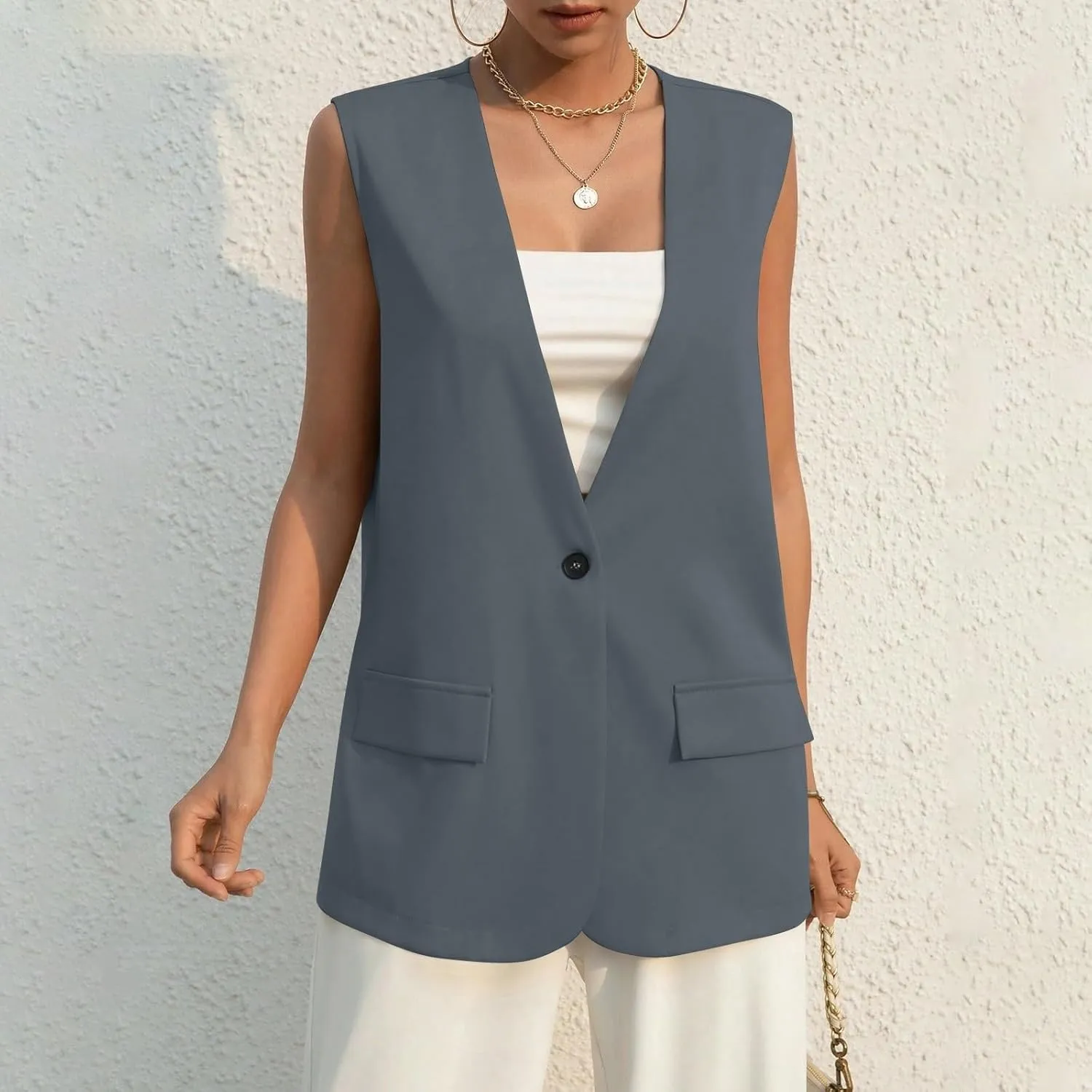 Button Suit Vest Women 2024 Collarless Sleeveless Blazer Jackets Loose Fashion Casual Open Front Vest Pockets