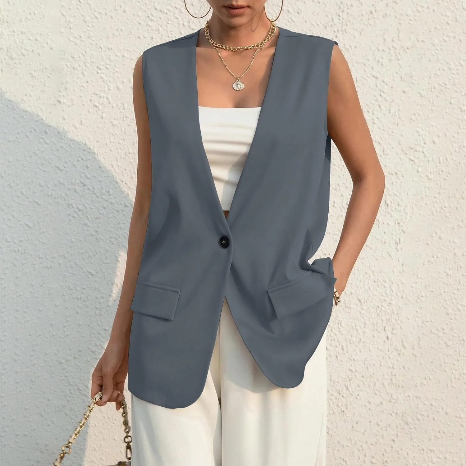 Button Suit Vest Women 2024 Collarless Sleeveless Blazer Jackets Loose Fashion Casual Open Front Vest Pockets
