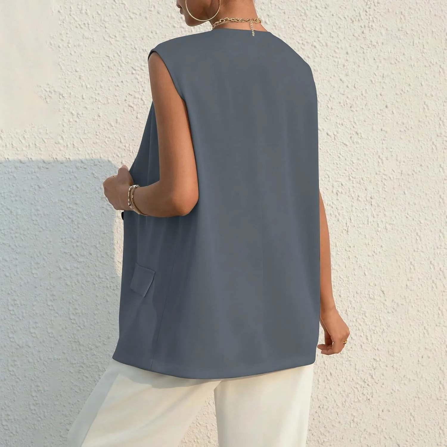 Button Suit Vest Women 2024 Collarless Sleeveless Blazer Jackets Loose Fashion Casual Open Front Vest Pockets