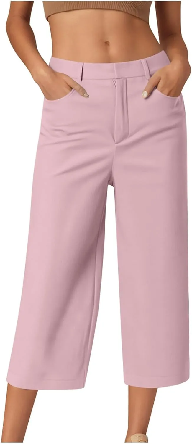 Capri Pants for Women High Waisted Wide Leg Lounge Capris Stretch Trendy Work Business Cropped Trousers