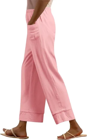 Cotton Linen Casual Summer Pants for Women Comfy Baggy Trousers Palazzo High Rise Wide Leg Lounge Pants with Pockets