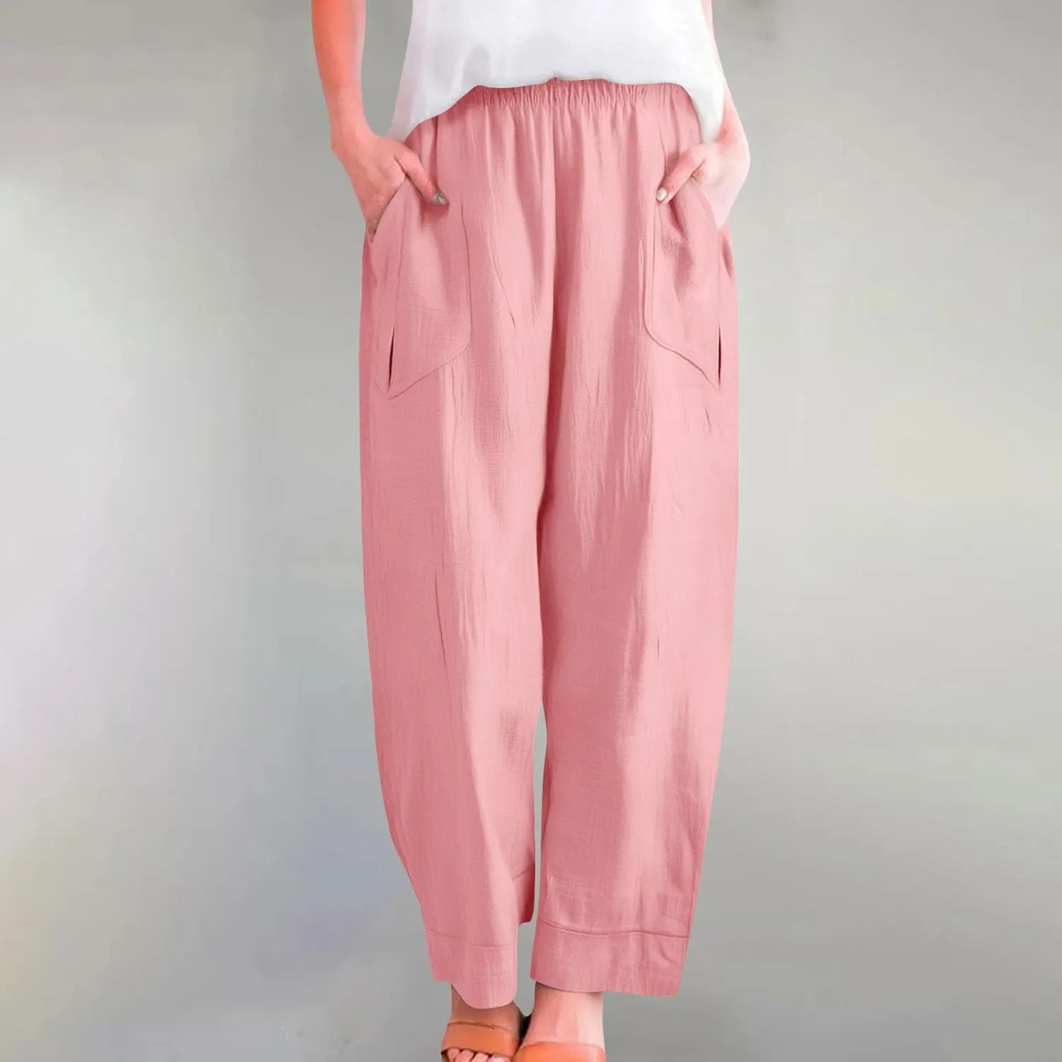 Cotton Linen Casual Summer Pants for Women Comfy Baggy Trousers Palazzo High Rise Wide Leg Lounge Pants with Pockets
