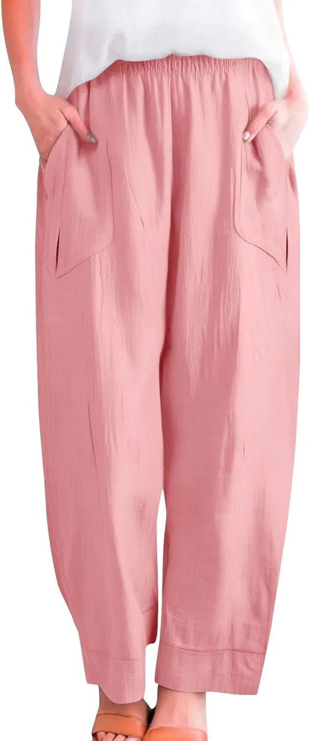 Cotton Linen Casual Summer Pants for Women Comfy Baggy Trousers Palazzo High Rise Wide Leg Lounge Pants with Pockets