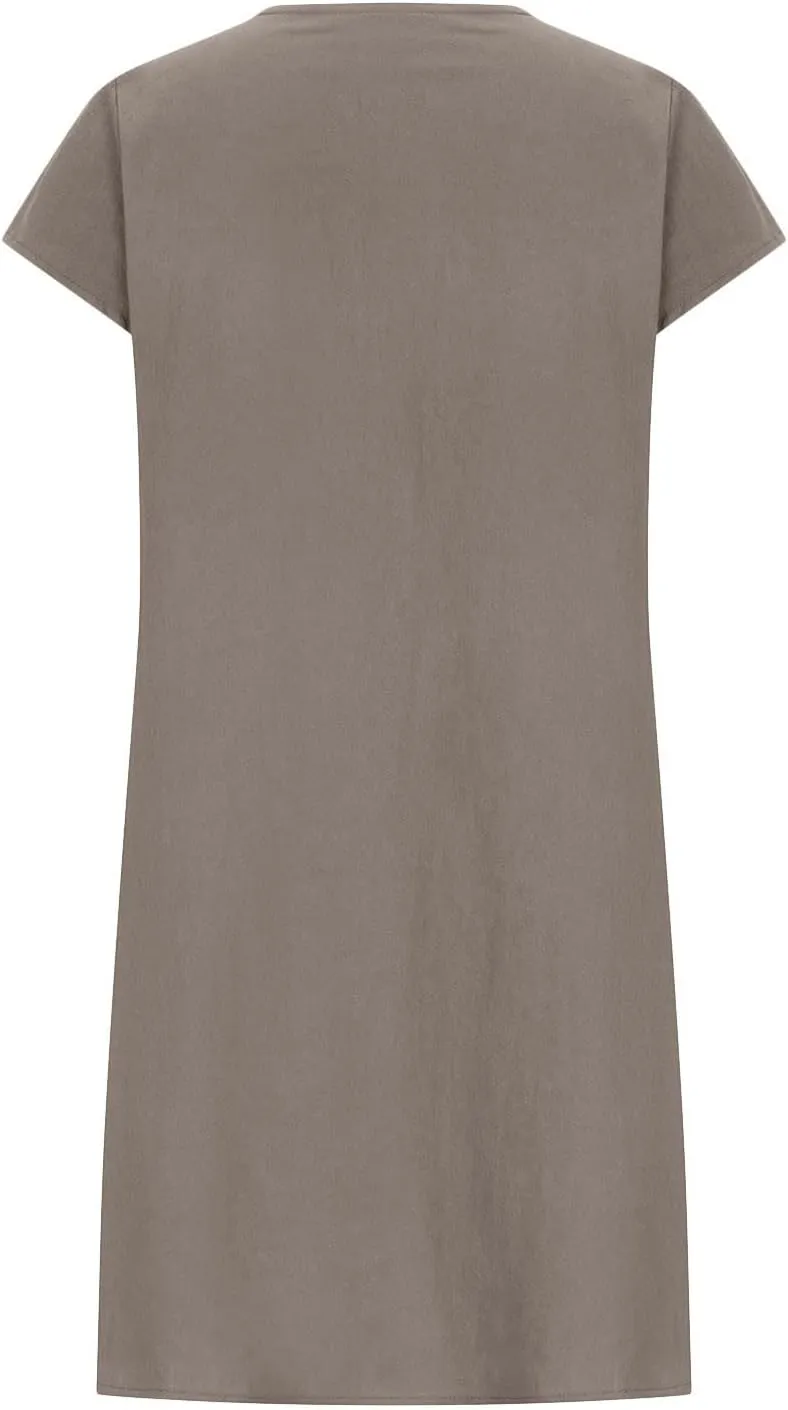Cotton Linen Dress for Womens Vintage Summer Casual Short Sleeve Ruched T Shirts Dress Loose Fit A-Line Beach Sundress
