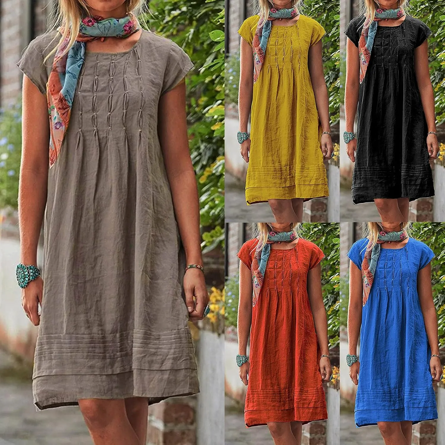 Cotton Linen Dress for Womens Vintage Summer Casual Short Sleeve Ruched T Shirts Dress Loose Fit A-Line Beach Sundress