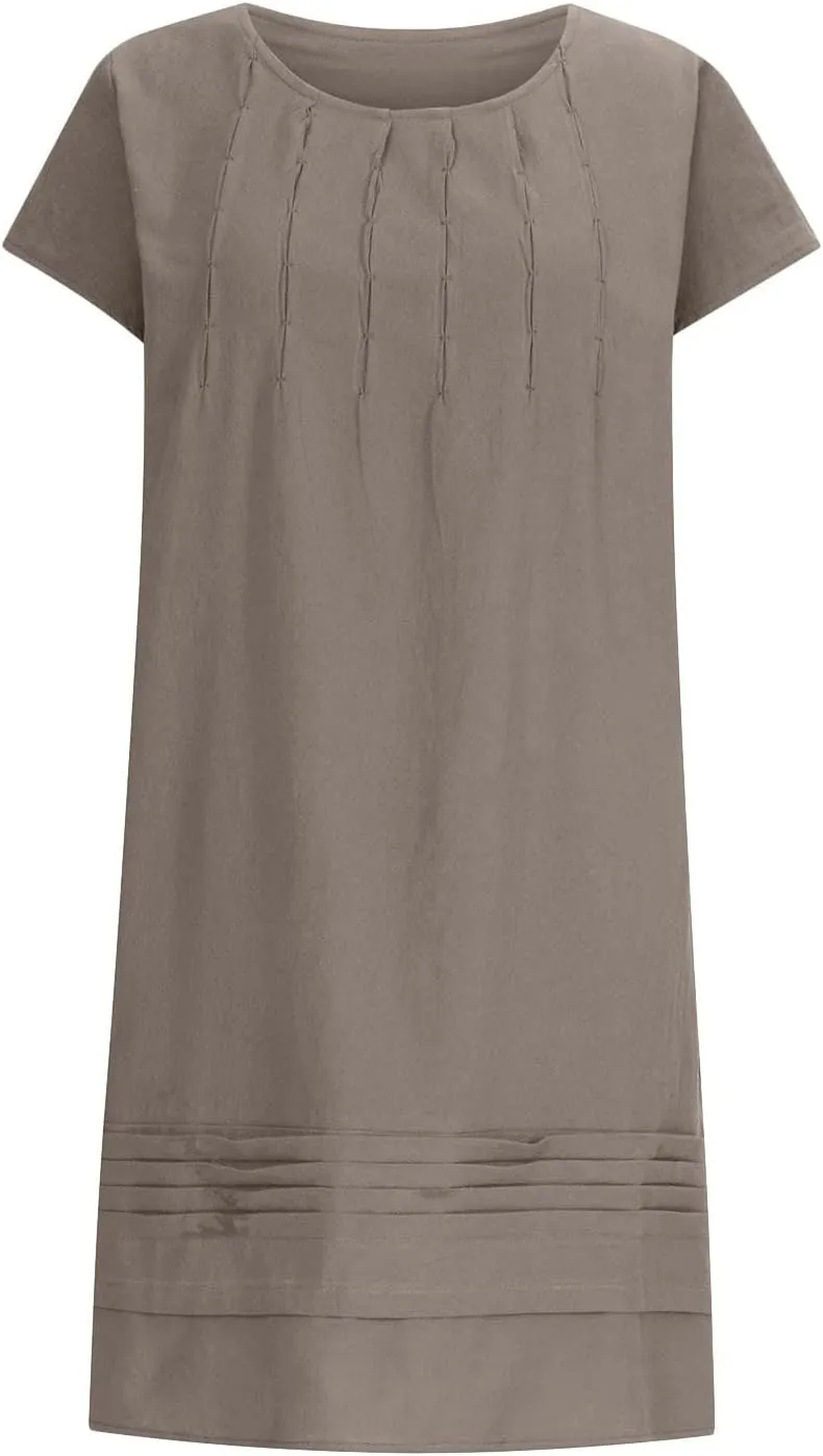 Cotton Linen Dress for Womens Vintage Summer Casual Short Sleeve Ruched T Shirts Dress Loose Fit A-Line Beach Sundress