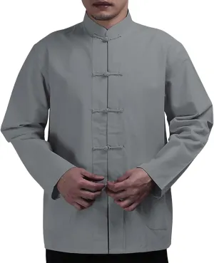 Cotton Linen Kung Fu Shirts for Men Mandarin Collar Frog-Button Long Sleeve Tang Suit Casual Chinese Traditional Tops