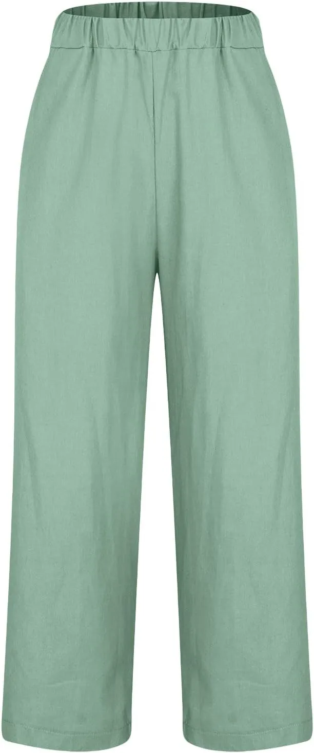 Cotton Linen Pants Women Plus Size High Waisted Cropped Lounge Trousers Casual Summer Wide Leg Beach Pant