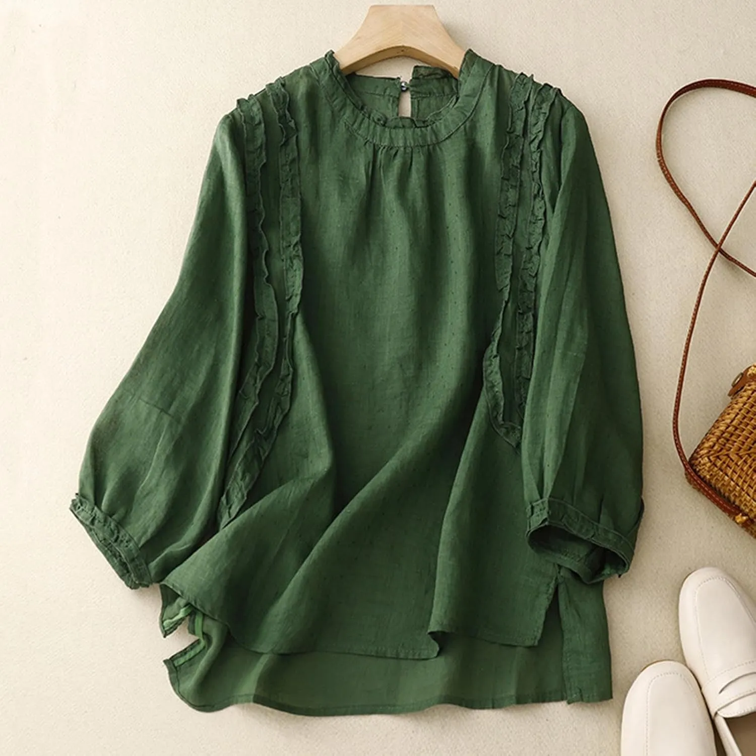 Cute Shirts for Women Loose Long Sleeve Cotton Linen Blouses Ruffle Trim Plain Casual Tops Crew Neck Comfy T-Shirt