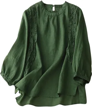 Cute Shirts for Women Loose Long Sleeve Cotton Linen Blouses Ruffle Trim Plain Casual Tops Crew Neck Comfy T-Shirt