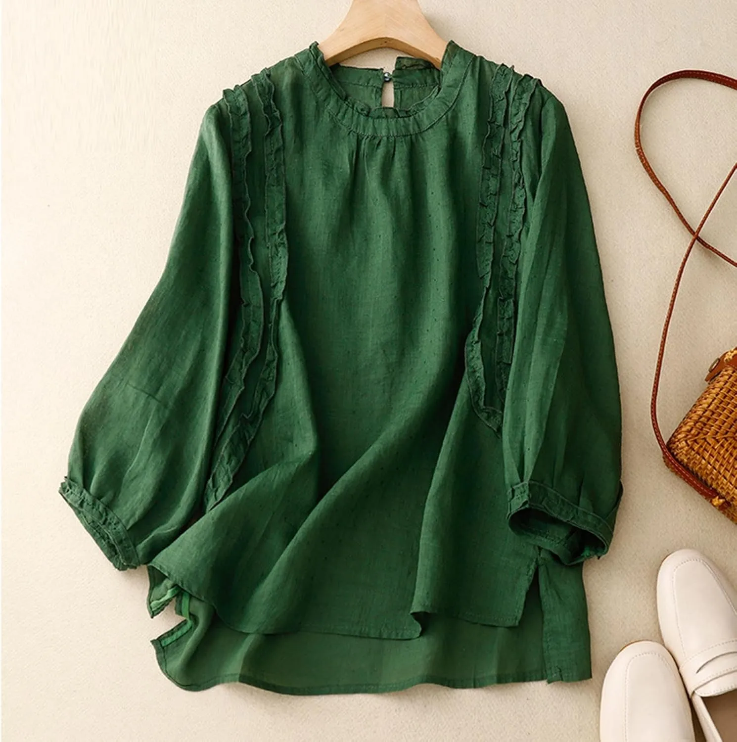 Cute Shirts for Women Loose Long Sleeve Cotton Linen Blouses Ruffle Trim Plain Casual Tops Crew Neck Comfy T-Shirt