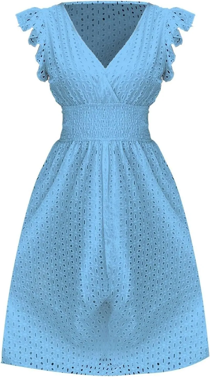 Eyelet Dress for Women Warp V Neck Ruffle Sleeve Lace Hollow Out Cinched Waist Solid Color Summer Beach Dresses