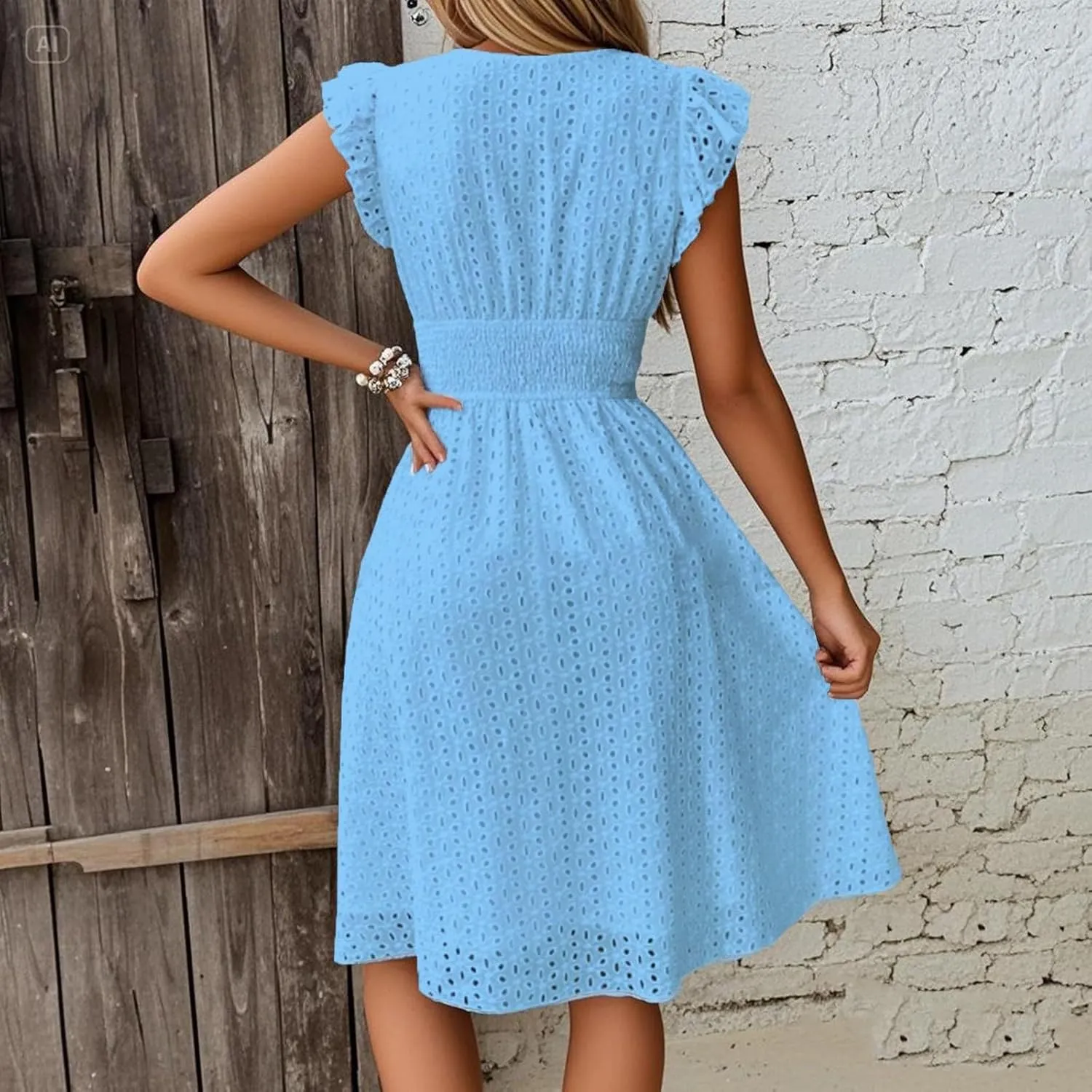Eyelet Dress for Women Warp V Neck Ruffle Sleeve Lace Hollow Out Cinched Waist Solid Color Summer Beach Dresses