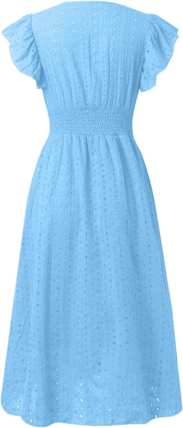 Eyelet Dress for Women Warp V Neck Ruffle Sleeve Lace Hollow Out Cinched Waist Solid Color Summer Beach Dresses