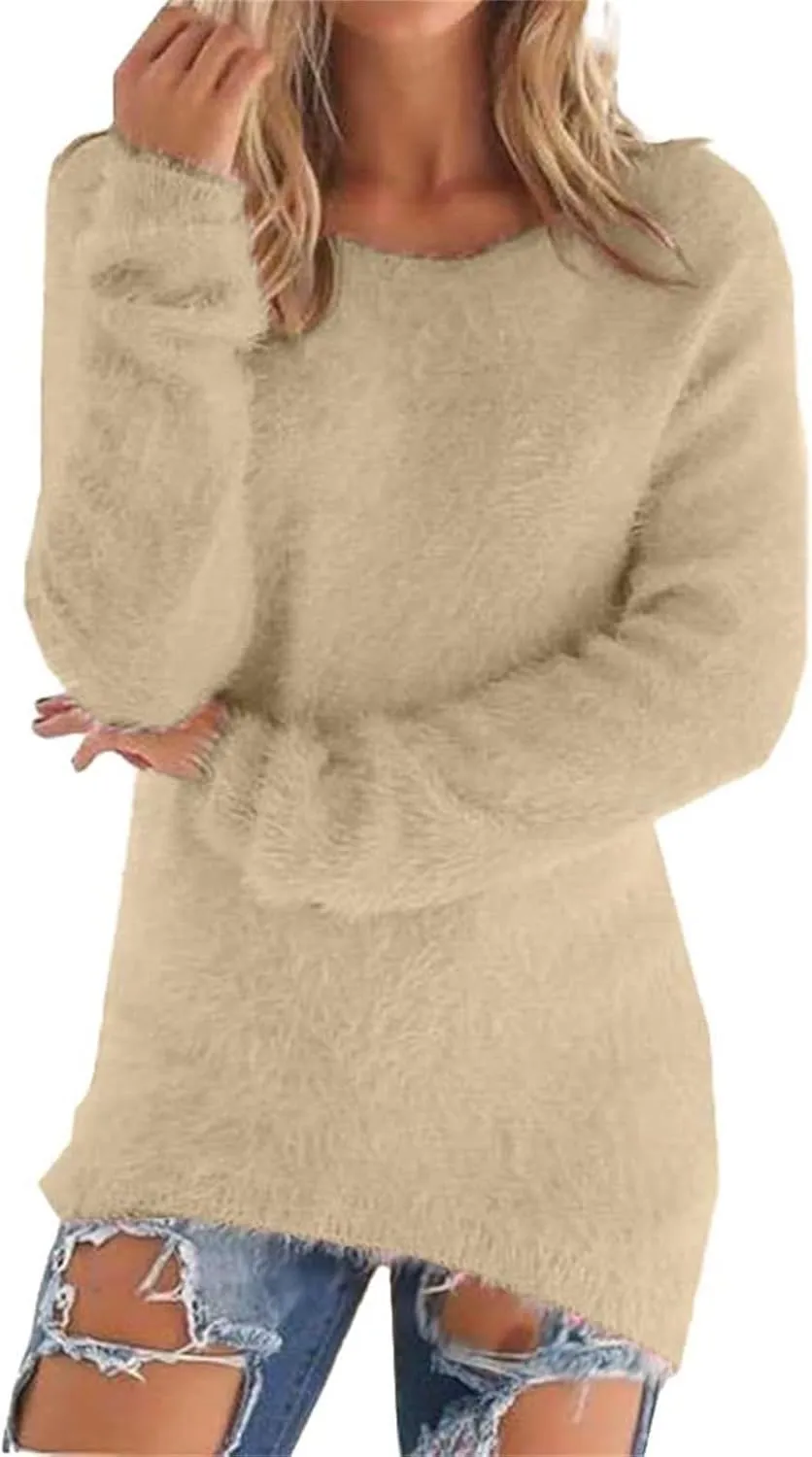 Fuzzy Sweater for Women Furry Crewneck Pullover Women Long Sleeve Jumper Sweaters Plain Sweatshirt Fall Cute Tops