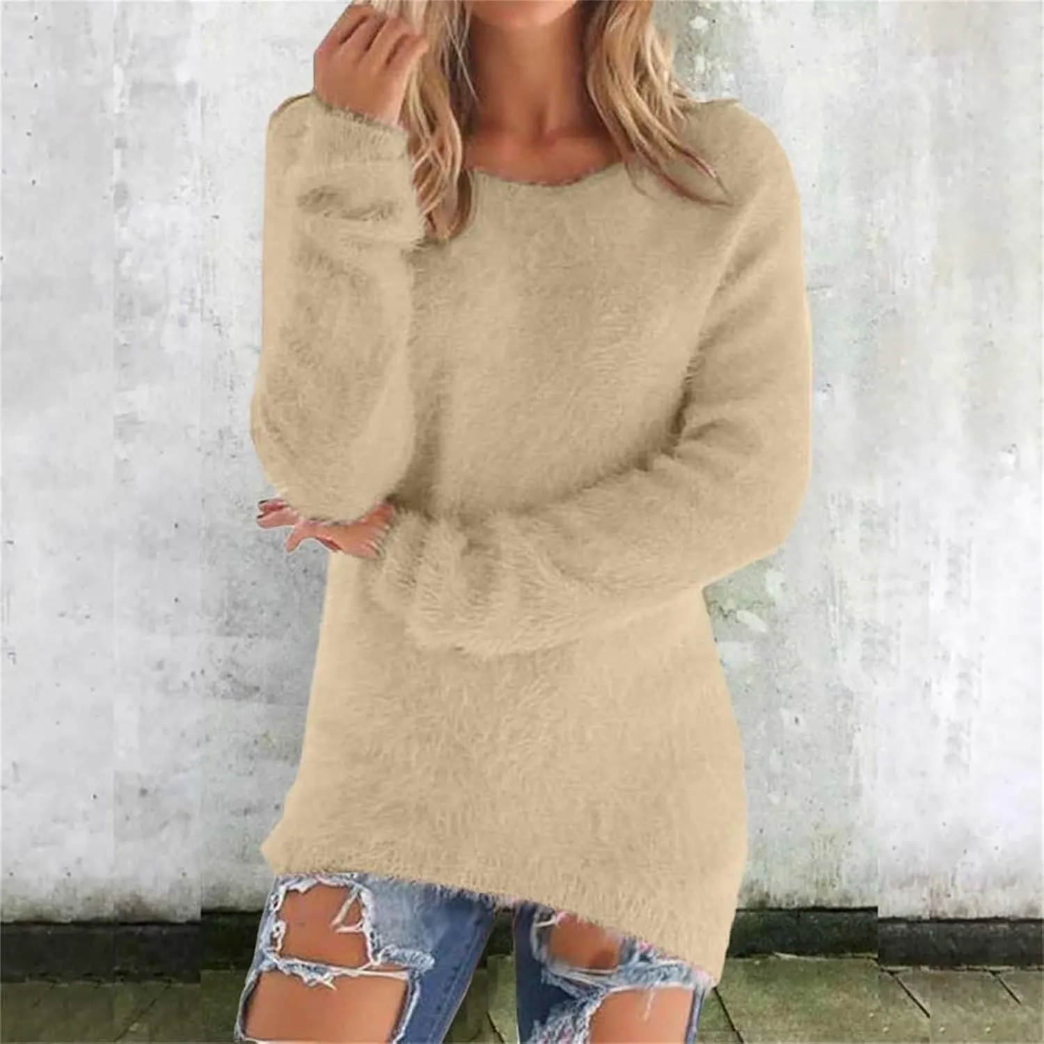 Fuzzy Sweater for Women Furry Crewneck Pullover Women Long Sleeve Jumper Sweaters Plain Sweatshirt Fall Cute Tops
