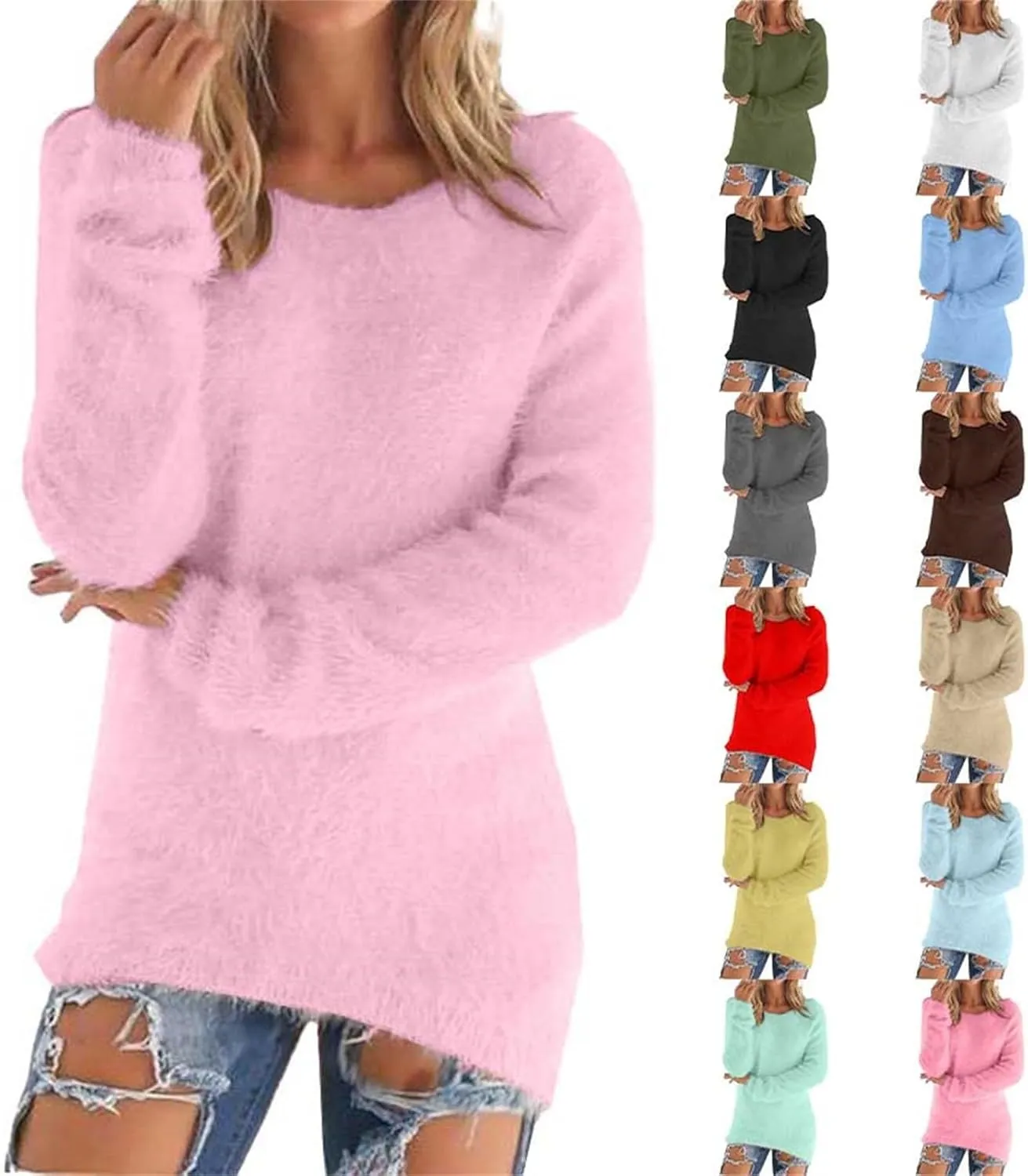 Fuzzy Sweater for Women Furry Crewneck Pullover Women Long Sleeve Jumper Sweaters Plain Sweatshirt Fall Cute Tops