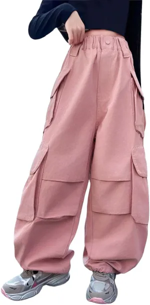 Girls Baggy Straight Cargo Pants Vintage Solide Color Wide Leg Trendy Joggers Soft Cool Trousers with Pockets