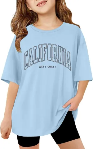 Girls Casual Short Sleeve Graphic T Shirts Kids Summer Tops Vintage Crewneck Loose Basic Tees 5-14 Years