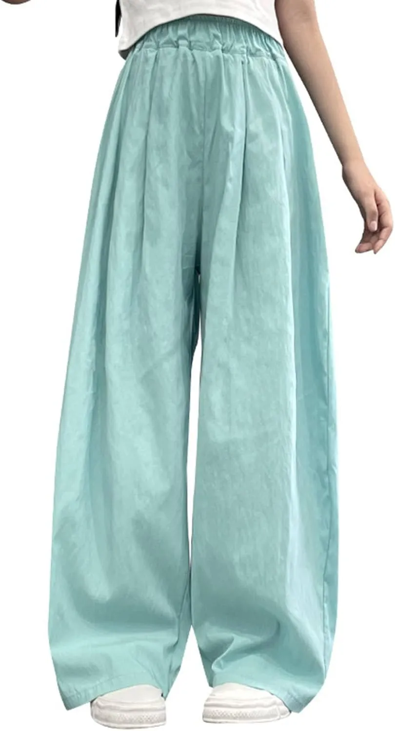 Girls Kids Linen Casual Trousers Wide Leg Solid Color Straight Baggy Pants Elastic High Waisted Flowy Trendy Sweatpants