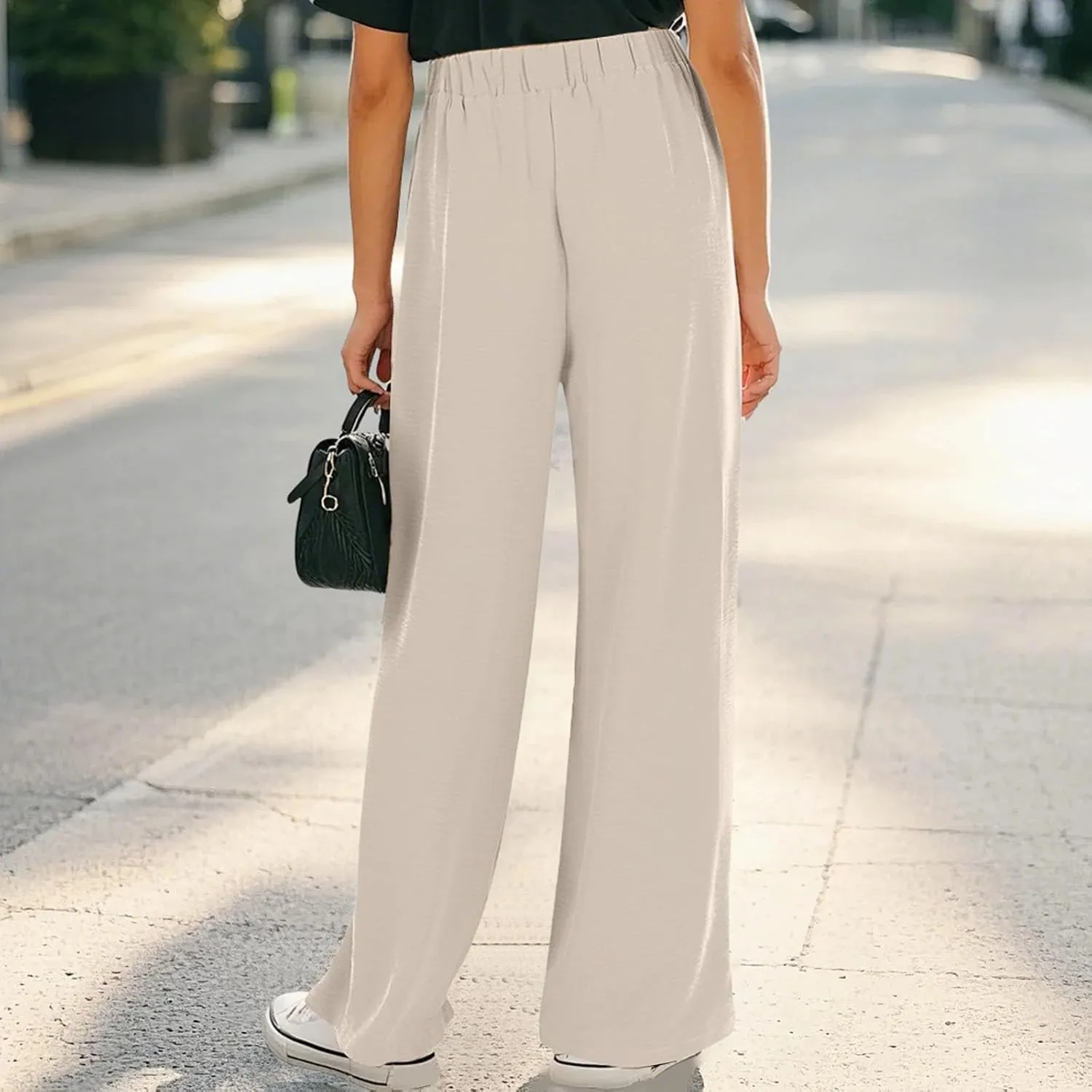 Girls Wide Leg Linen Palazzos Flowy Summer Casual Trousers Elastic High Waist Solid Color Pants