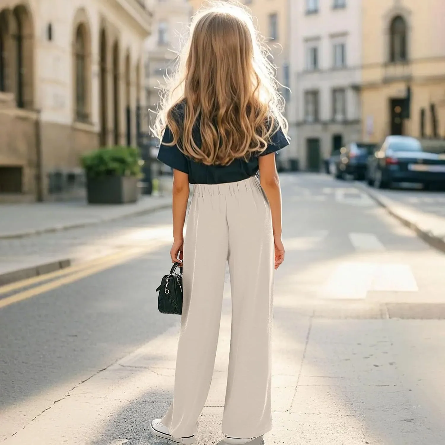 Girls Wide Leg Linen Palazzos Flowy Summer Casual Trousers Elastic High Waist Solid Color Pants