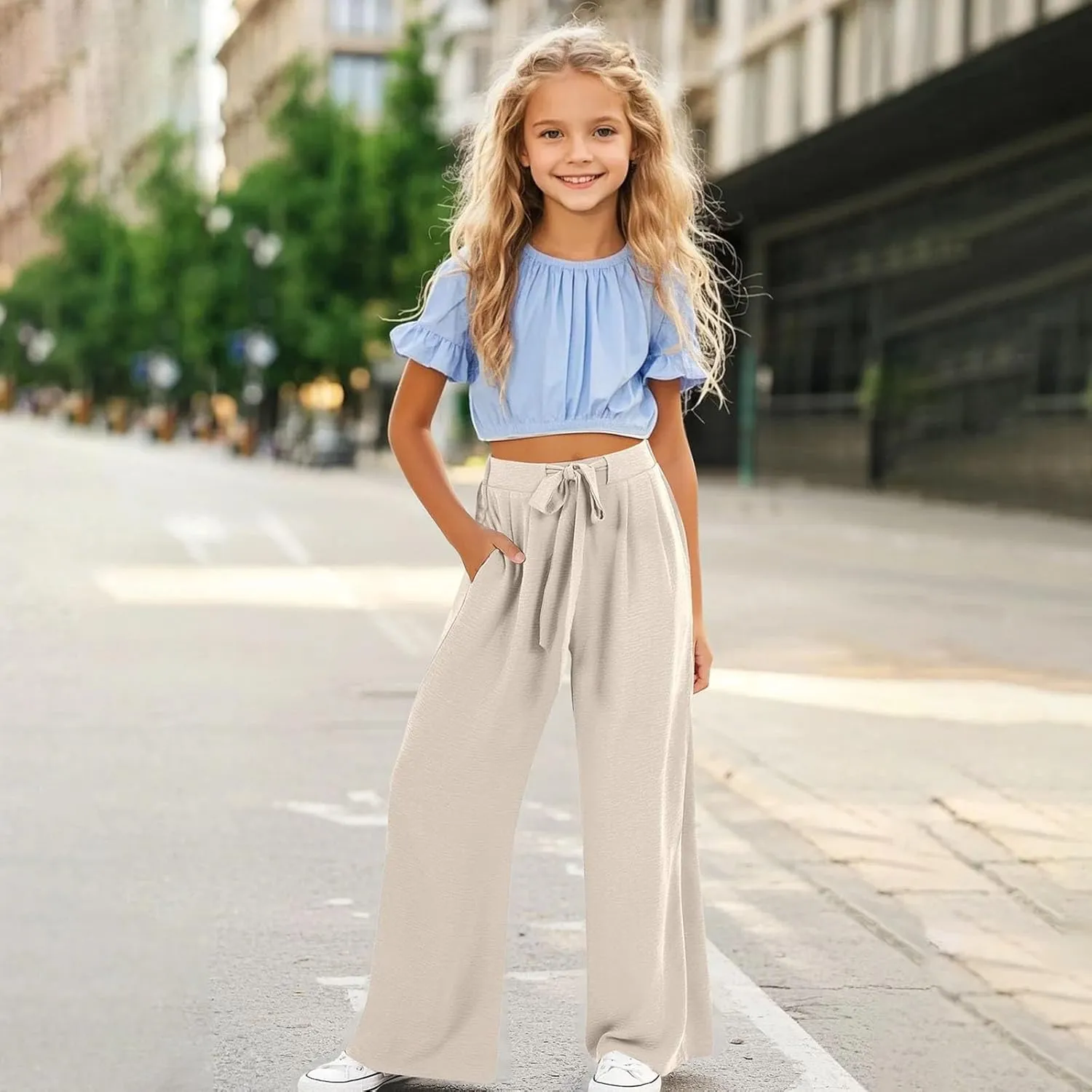Girls Wide Leg Linen Palazzos Flowy Summer Casual Trousers Elastic High Waist Solid Color Pants