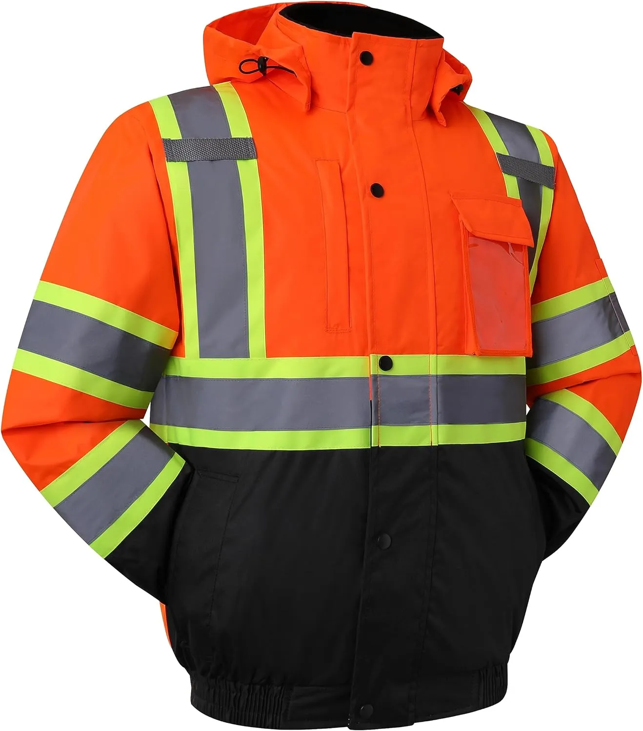 JKSafety Hi-Vis Winter Safety Bomber Jacket for men and women | Winter Safety Jacket Durable and Waterproof | Construction Work Jacket for Winter | Cold Weather PPE | ANSI Class 3 (116-OBlk XXL)