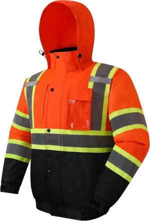JKSafety Hi-Vis Winter Safety Bomber Jacket for men and women | Winter Safety Jacket Durable and Waterproof | Construction Work Jacket for Winter | Cold Weather PPE | ANSI Class 3 (116-OBlk XXL)