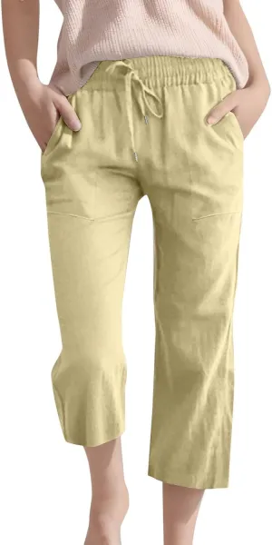 Kids Girls 3/4 Pants Elastic Waist Straight Wide Leg Solid Color Daily Casual Pants Loose Fit Trousers with Pockets