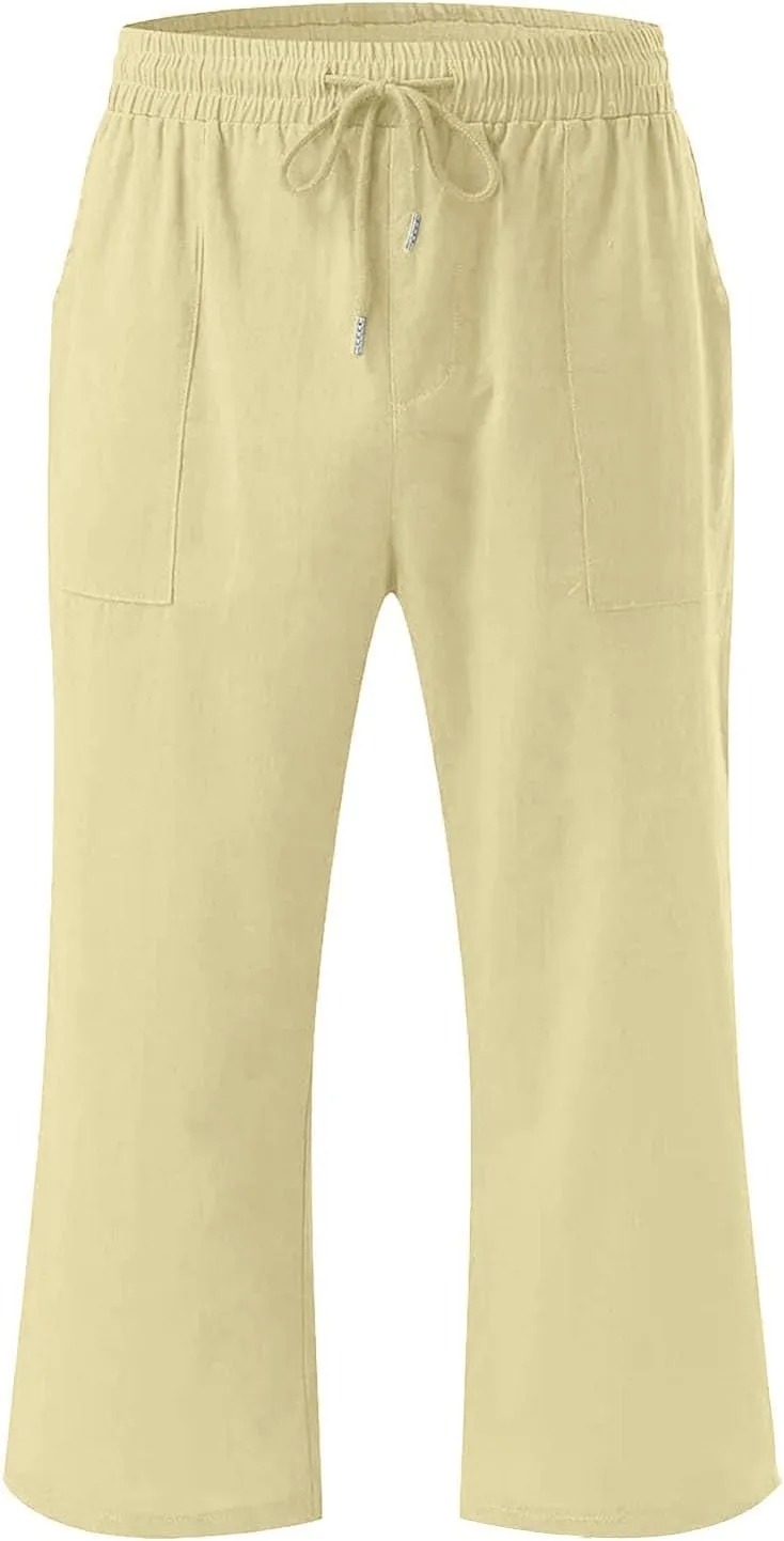 Kids Girls 3/4 Pants Elastic Waist Straight Wide Leg Solid Color Daily Casual Pants Loose Fit Trousers with Pockets