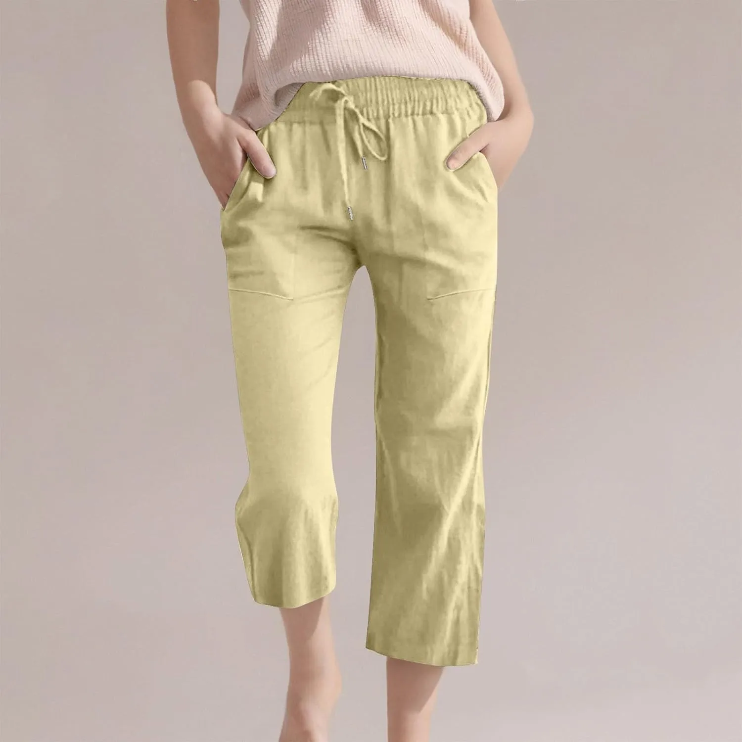 Kids Girls 3/4 Pants Elastic Waist Straight Wide Leg Solid Color Daily Casual Pants Loose Fit Trousers with Pockets