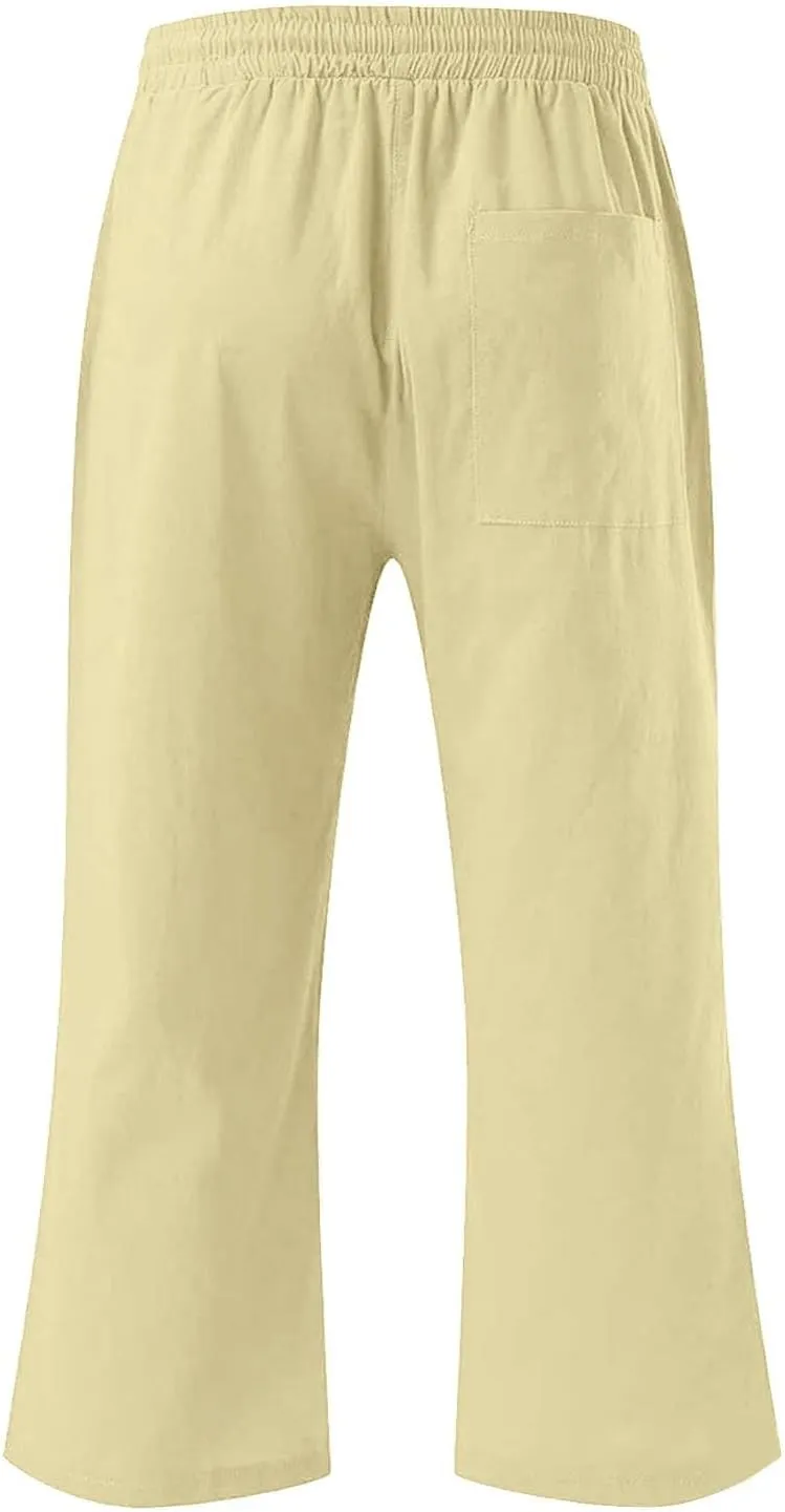 Kids Girls 3/4 Pants Elastic Waist Straight Wide Leg Solid Color Daily Casual Pants Loose Fit Trousers with Pockets