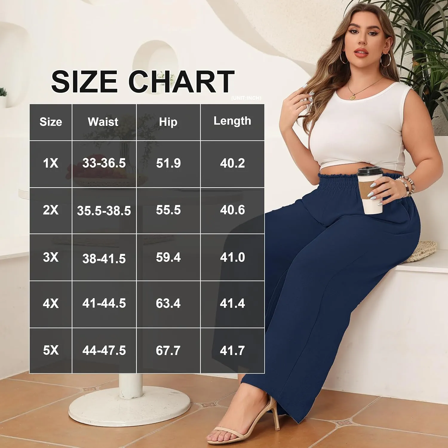Lastshe Women's Plus Size Wide Leg Pants Elastic Waist Spring Loose Work Pants Boho Trousers with Pockets