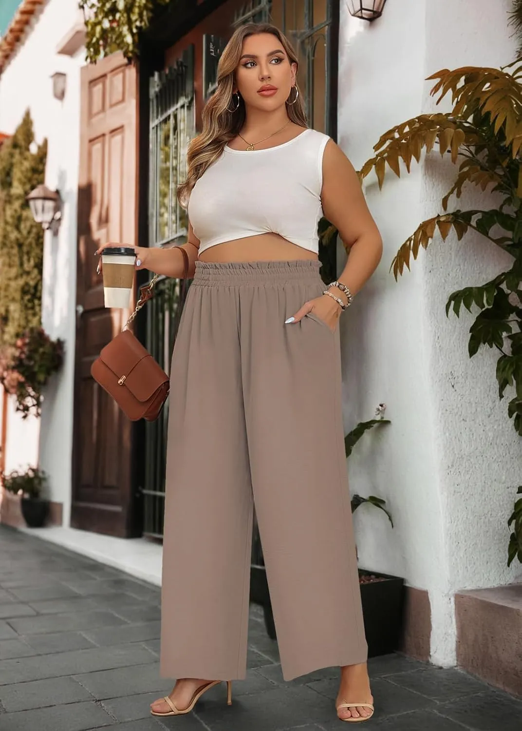 Lastshe Women's Plus Size Wide Leg Pants Elastic Waist Spring Loose Work Pants Boho Trousers with Pockets
