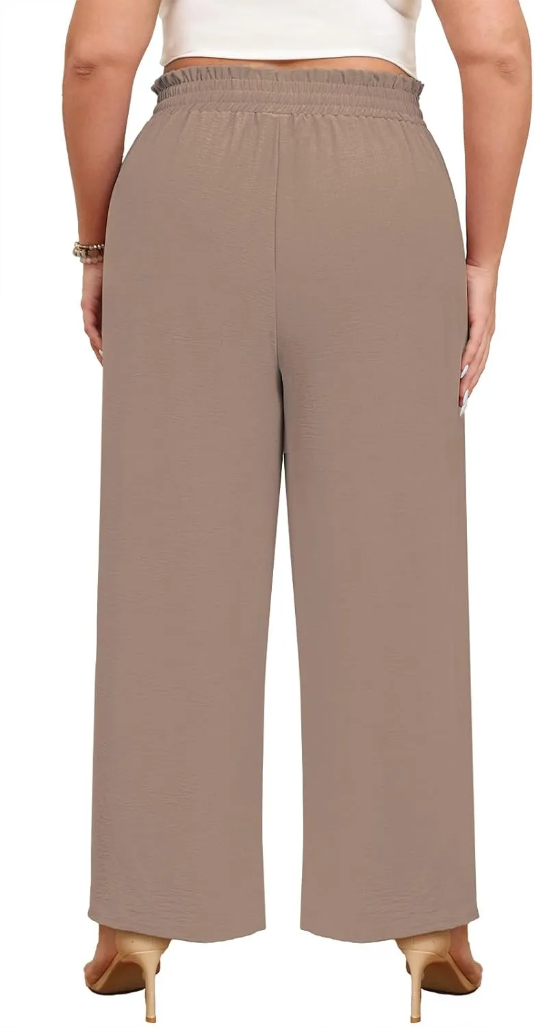 Lastshe Women's Plus Size Wide Leg Pants Elastic Waist Spring Loose Work Pants Boho Trousers with Pockets