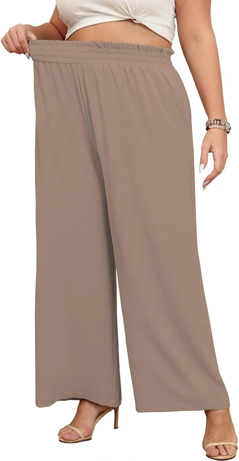 Lastshe Women's Plus Size Wide Leg Pants Elastic Waist Spring Loose Work Pants Boho Trousers with Pockets