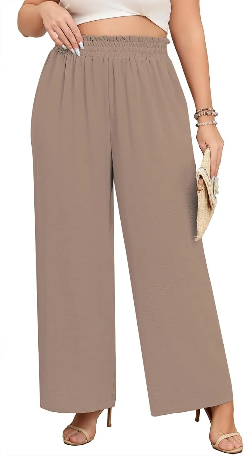 Lastshe Women's Plus Size Wide Leg Pants Elastic Waist Spring Loose Work Pants Boho Trousers with Pockets