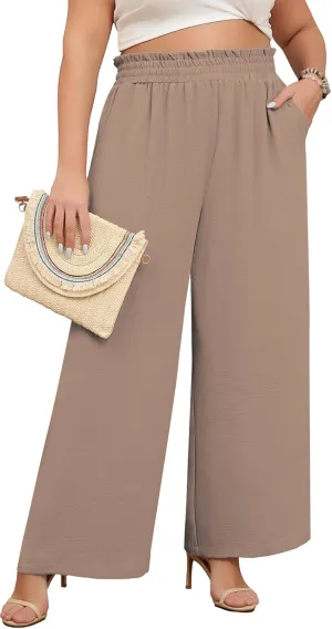 Lastshe Women's Plus Size Wide Leg Pants Elastic Waist Spring Loose Work Pants Boho Trousers with Pockets